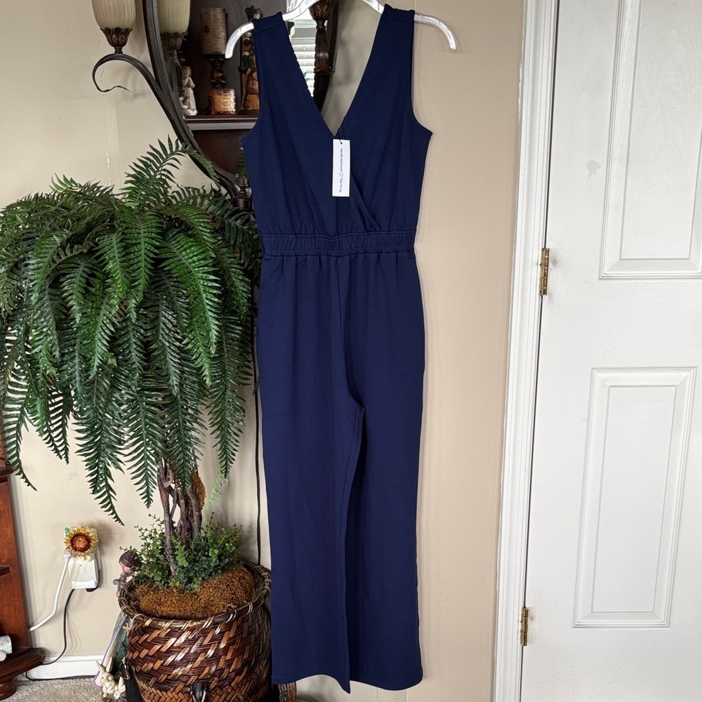 Brand New The Drop & Caralyn Mirand Sleeveless Wrap Belted Jumpsuit Navy Blue